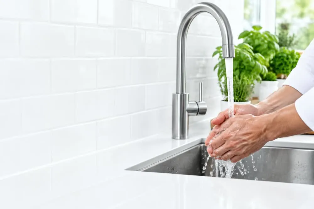 Chef washing hands in a clean home kitchen